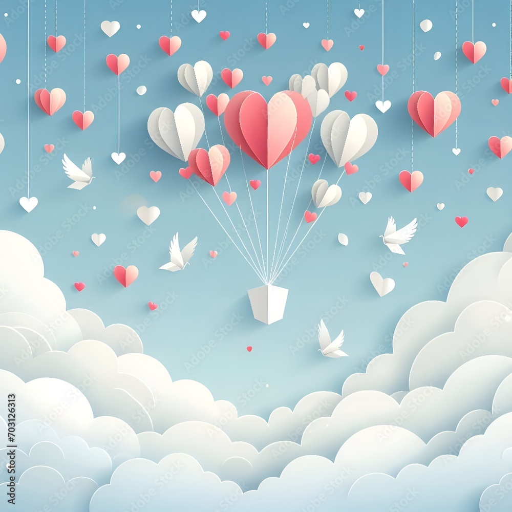Paper art of flying heart balloons and small hearts. scattered in the sky Valentine's Day concept art and illustration