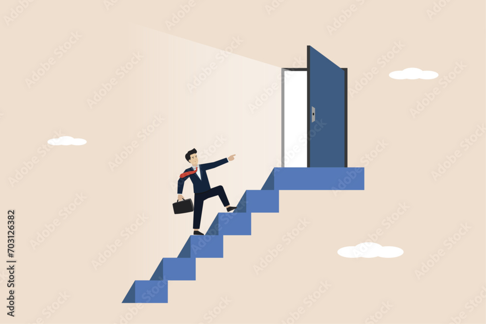 Door step to success, career development or growth and improvement to achieve success, career opportunity concept, businessman employee walking up the stairs to open the door to success. Door step to success, career development or growth and improvement to achieve success, career opportunity concept, businessman employee walking up the stairs to open the door to success.