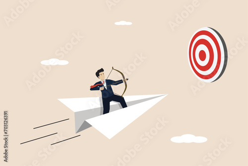 Business goals or targets, challenges to achieve success, winning business competitions, business people riding origami paper planes flying through dartboards on target.