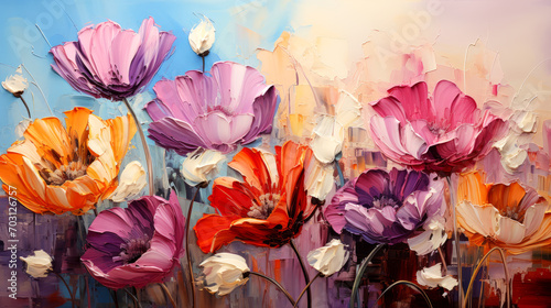 Oil painting of poppies on canvas. Colorful background. #703126757