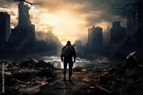 Silhouette of a special forces soldier standing in front of a destroyed city  Lone soldier walking in a destroyed city  AI Generated