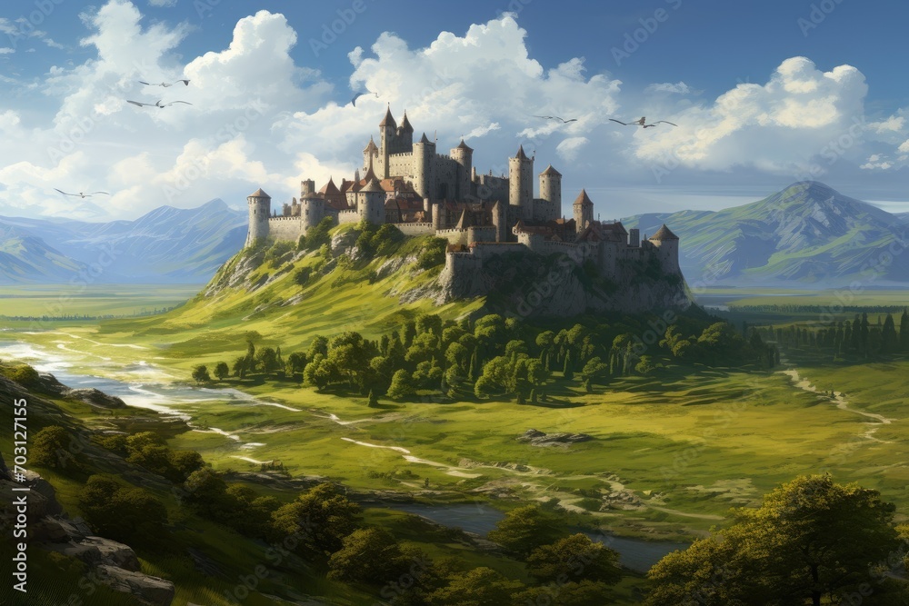 Fantasy landscape with a medieval castle on the hill, 3d illustration, Medieval stronghold castle with hills and mountains amidst green fields, AI Generated