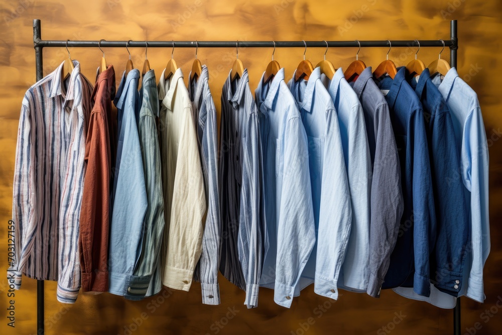 Men's shirts on a hanger on a yellow wall background, Men's shirts, washed and neatly ironed, AI Generated