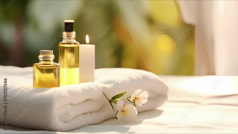 Closeup of a massage table, set up with fresh linens and natural essential oils, awaiting the arrival of a guest for a relaxing massage. Closeup of a massage table, set up with fresh linens and natural essential oils, awaiting the arrival of a guest for a relaxing massage.