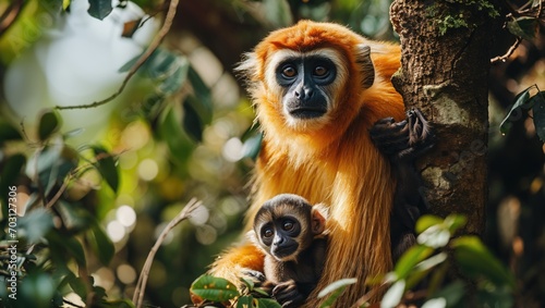 Yellow-cheeked gibbon monkey hugs baby in forest, natural wildlife environment