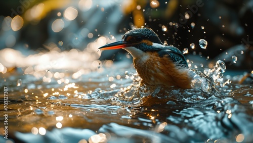 Alcedo bird on the surface of the water, natural wildlife environment