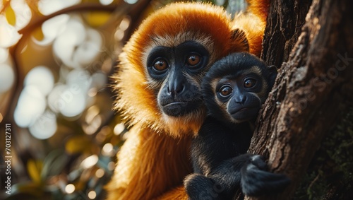 Yellow-cheeked gibbon monkey hugs baby in forest, natural wildlife environment photo