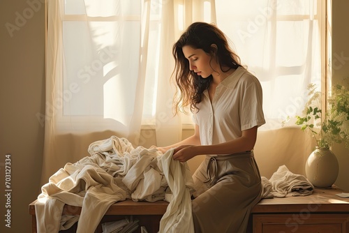 Contemplative woman folding laundry in sunlight photo