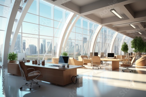 Interior of modern open space office with city view. 3D Rendering, Modern business office interior in a 3D rendering, AI Generated
