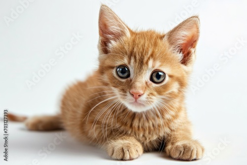 Playful cute ginger fluffy kitten is isolated on white background