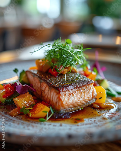 Salmon steak beautifully arranged on a plate, accompanied by a variety of colorful vegetables and drizzled with sauce.