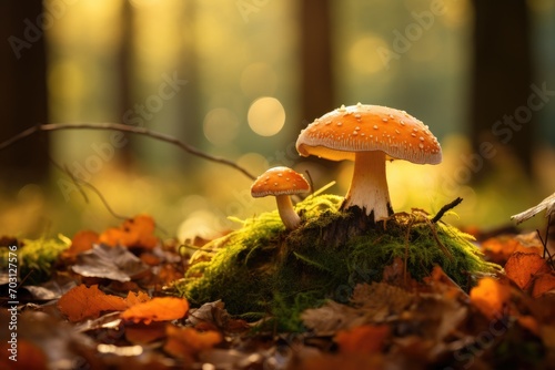 Mushroom on moss in autumn forest. Beautiful nature scene, Mushroom in autumn HD 8K wallpaper stock photographic image, AI Generated