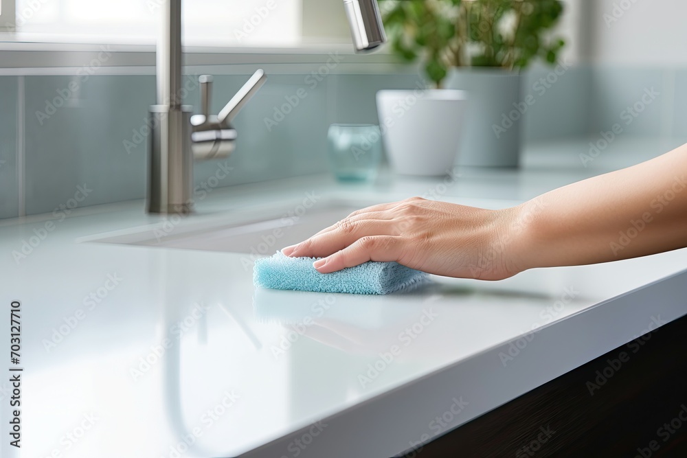 A pristine kitchen counter being cleaned with a cloth - obrazy, fototapety, plakaty 