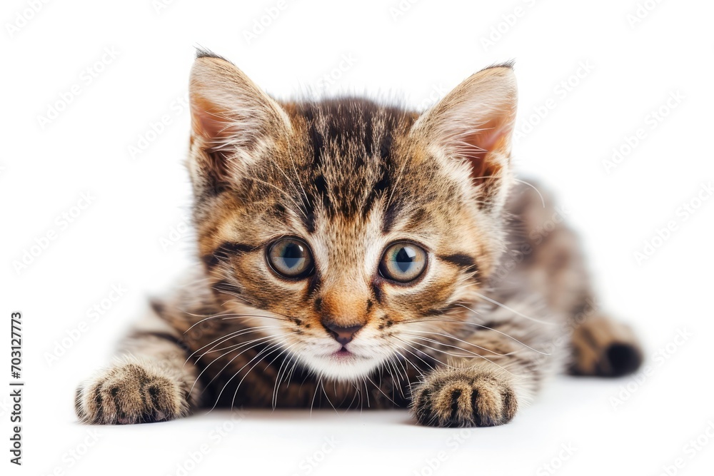 Playful cute tabby fluffy kitten is isolated on white background