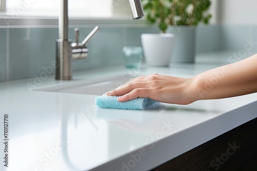 A pristine kitchen counter being cleaned with a cloth photo