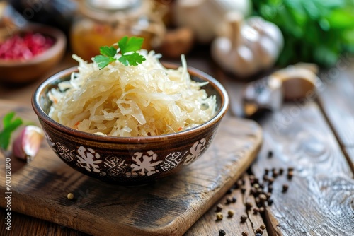 Fresh pickled sauerkraut cabbage with ingredients in bowl
