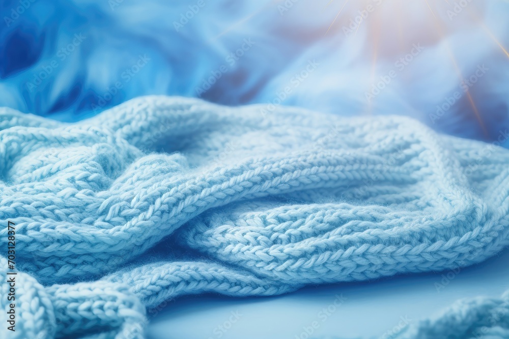 Close-up of a chunky blue knitted blanket with a soft glow. Close-up of a chunky blue knitted blanket with a soft glow.