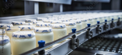 Automated process line with dairy products in modern factory. Food industry and technology.