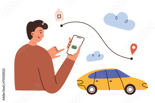 Man requests taxi ride by phone, cab mobile app illustration, hand drawn composition with cartoon person and car, vector icon of smartphone with car sharing service, book transportation for trip