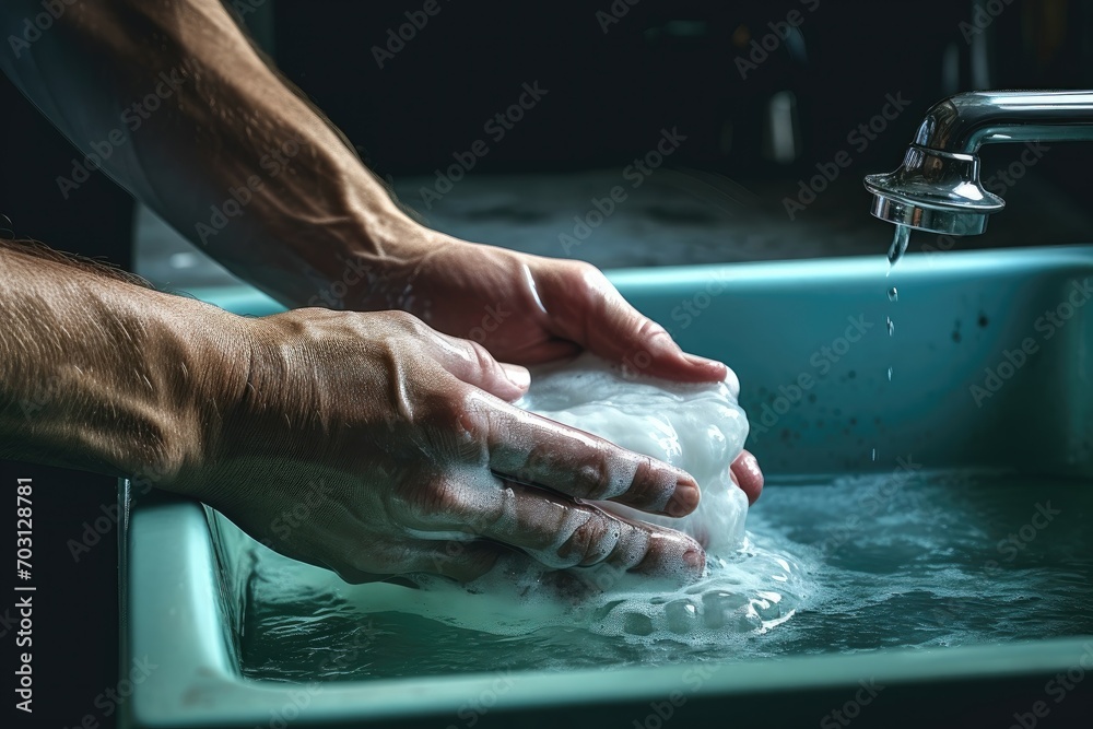 Hands washing with soapy water in a kitchen sink. - obrazy, fototapety, plakaty 