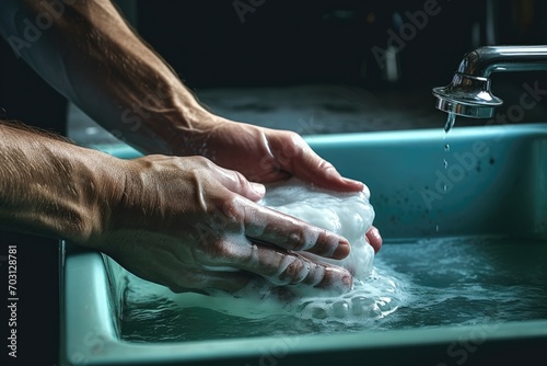 Hands washing with soapy water in a kitchen sink.