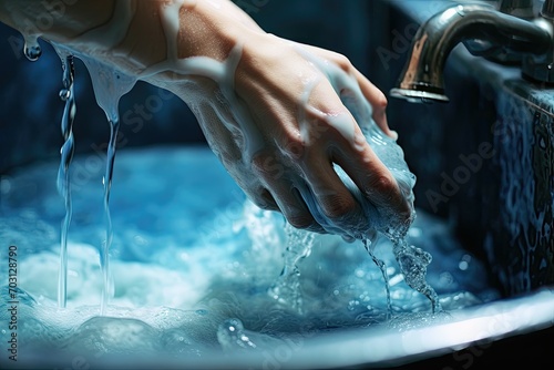 Hands lathering soap under running tap water. photo