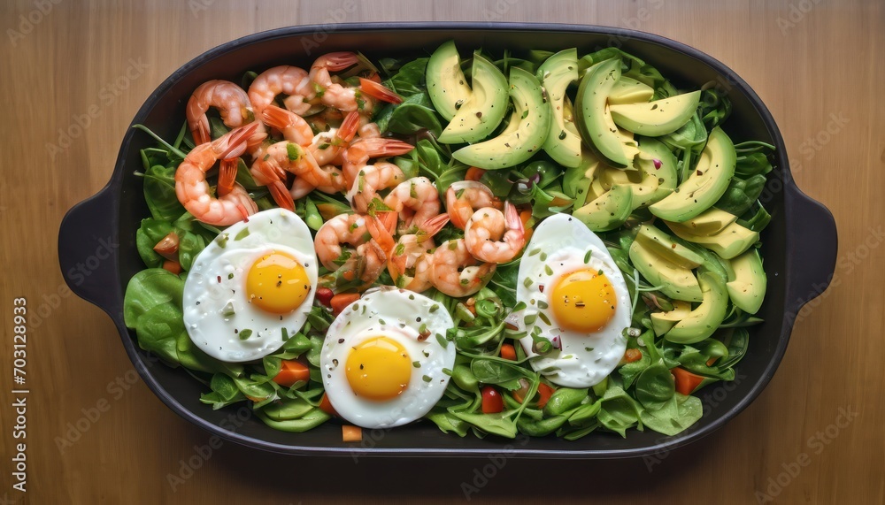 a salad with shrimp, eggs, avocado, and lettuce with shrimp and avocado slices in a black bowl on a wooden table top. a salad with shrimp, eggs, avocado, and lettuce with shrimp and avocado slices in a black bowl on a wooden table top.