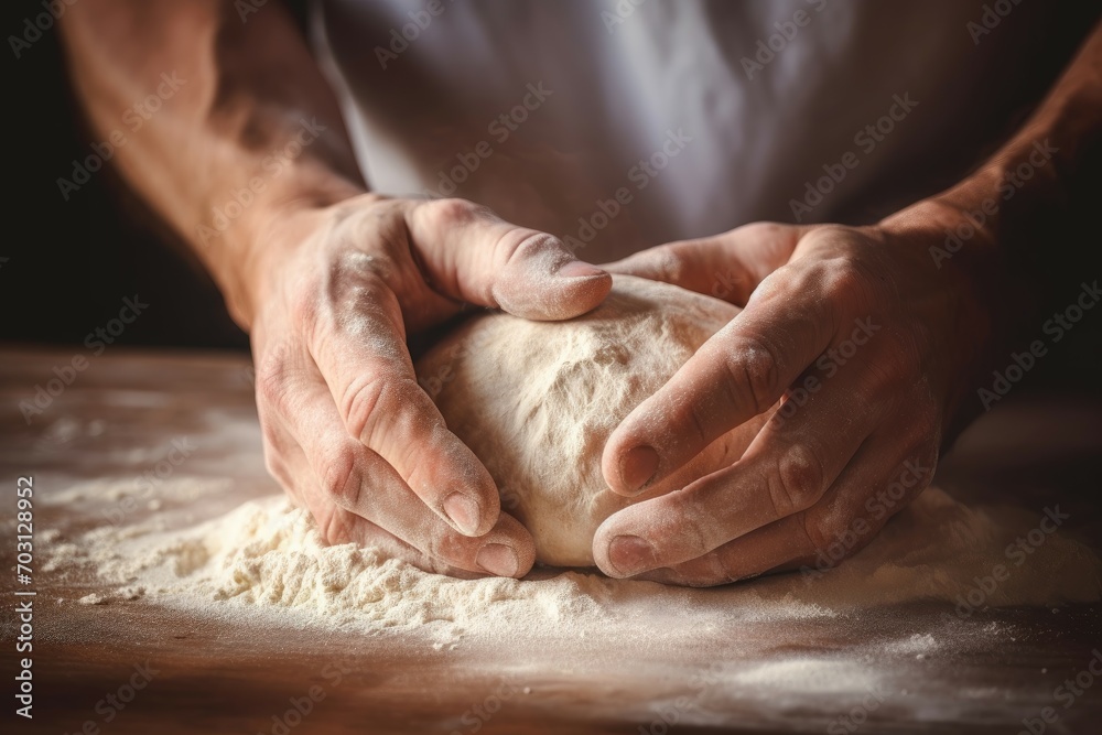 Hands working with bread dough, flour in the air.
