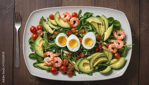  a plate of salad with shrimp, avocado, tomatoes, and hard boiled eggs with a fork and knife on a wooden table with a knife and fork.