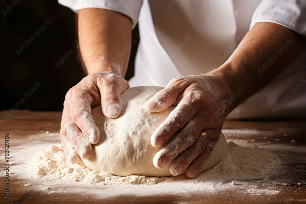 Hands carefully shaping dough on a floured surface.