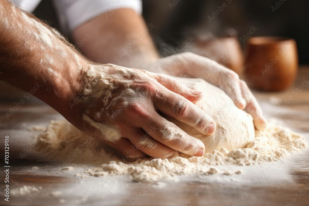 Detailed view of hands pressing dough on a wooden table