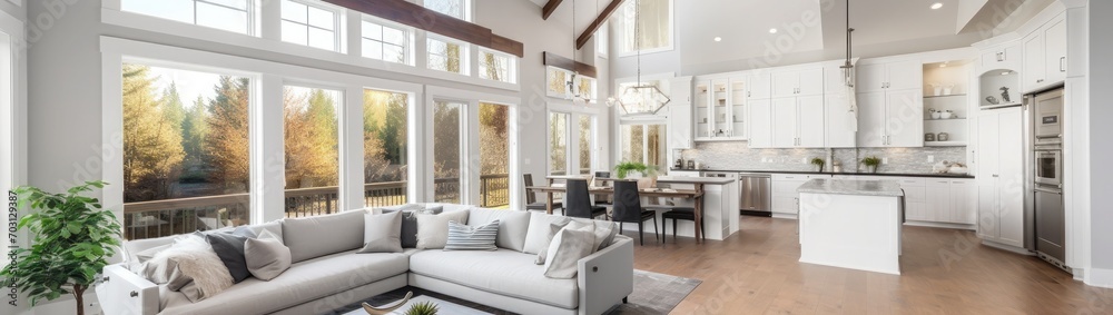 Beautiful living room interior in new luxury home with view of outdoor ...
