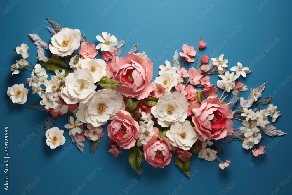 Beautiful floral composition on blue background. Flat lay, top view, Pink and white flowers on a blue background, AI Generated Beautiful floral composition on blue background. Flat lay, top view, Pink and white flowers on a blue background, AI Generated