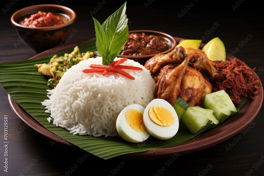 Nasi lemak - malaysian chicken rice dish, Nasi lemak, coconut milk rice, Malaysian cuisine, AI Generated Nasi lemak - malaysian chicken rice dish, Nasi lemak, coconut milk rice, Malaysian cuisine, AI Generated