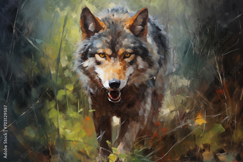 Digital painting of a wolf in the autumn forest. Oil paintingm, Neo-impressionist wolf painting as part of wildlife and animal art, AI Generated