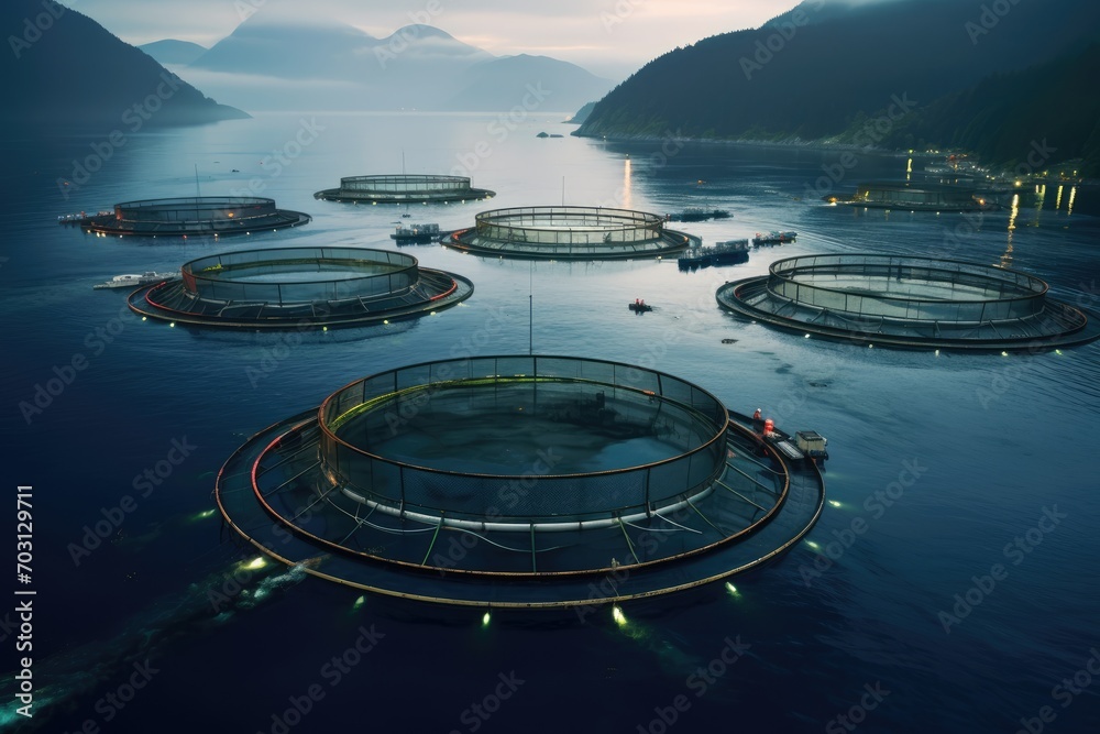 Aerial view of a fishing village in the fjord, A salmon fish farm in ocean water near the coast of Streymay Island, AI Generated - obrazy, fototapety, plakaty 