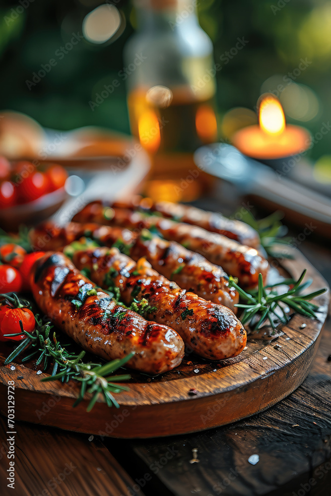 Very delicious looking sausages are on a cooked wooden serving plate on a wooden table. Generative AI. - obrazy, fototapety, plakaty 
