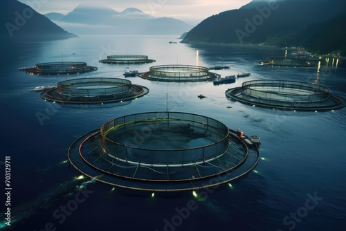 Aerial view of a fishing village in the fjord, A salmon fish farm in ocean water near the coast of Streymay Island, AI Generated photo