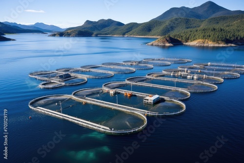 Aerial view of fish farming in the fjords of Norway, A salmon fish farm in ocean water near the coast of Streymay Island, AI Generated photo