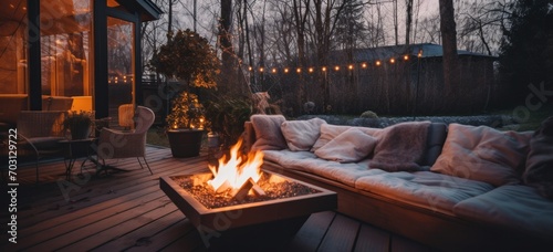 Cozy backyard patio with fire pit and string lights at dusk. Home exterior and design. #703129722
