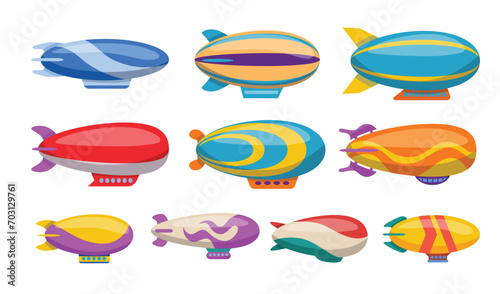 Colorful passenger airships set collection, Bright colored cigar shaped balloons retro zeppelin with stripes cabins, mechanical flying airship, huge balloons for tourism, vector cartoon illustration.