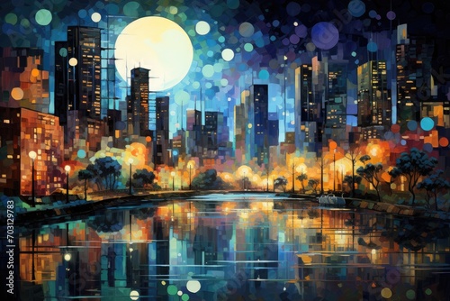Night city with full moon and reflection in water. Vector illustration, Nocturnal urban landscape with a river and skyscrapers depicted in a post-impressionist art style, AI Generated
