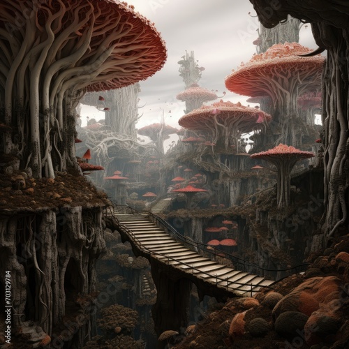 Fantasy landscape with mushrooms and a wooden bridge. 3D rendering, AI Generated