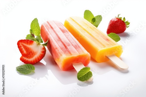 Strawberry and peach popsicles on white background, top view, Orange and strawberry popsicles isolated on a white background, AI Generated