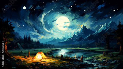 Fantasy landscape with a tent on the background of mountains and the moon.