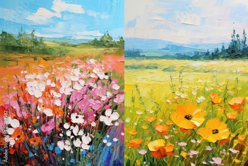 Original oil painting of poppies on canvas. Two version, Paintings of flowers in the style of Monet, Claude, impressionism paint landscapes with flower meadows in oil, AI Generated photo