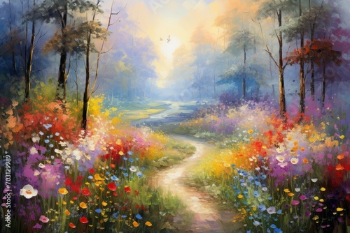 Digital painting of a forest path through a meadow with colorful flowers , Paintings of flowers in the style of Monet, Claude, impressionism paint landscapes with flower meadows in oil, AI Generated