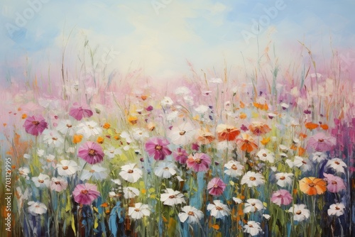 Oil painting of flowers on canvas. Colorful meadow with flowers, Paintings of flowers in the style of Monet, Claude, impressionism paint landscapes with flower meadows in oil, AI Generated photo