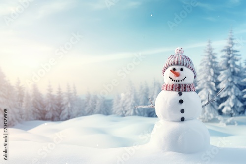 Snowman in the winter forest at sunset. Christmas and New Year background, Panoramic view of a happy snowman in winter scenery with copy space, AI Generated © Ifti Digital