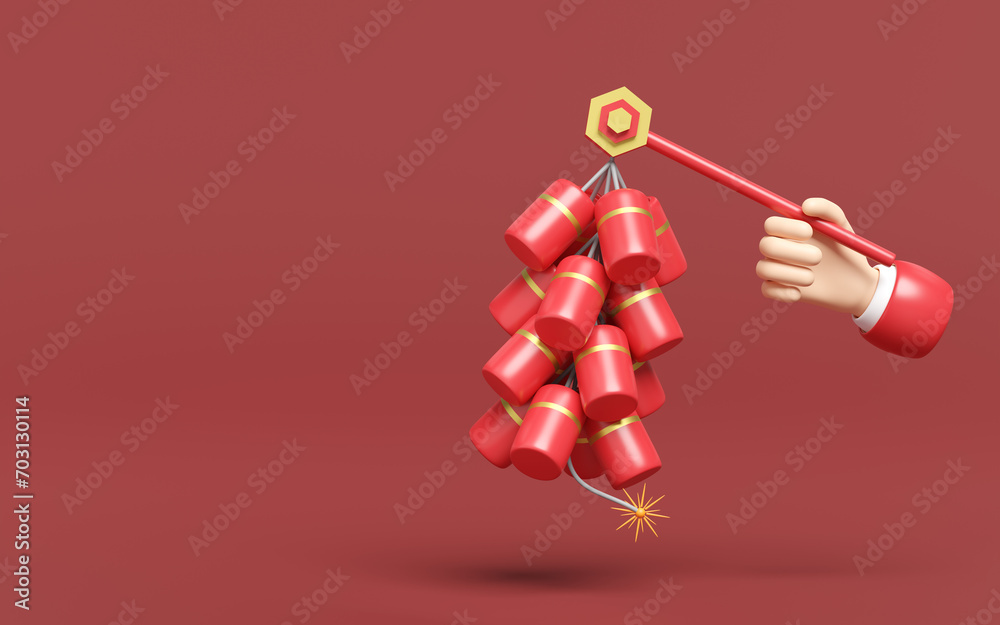 3d hand holding hanging firecrackers for chinese new year holiday. 3d render illustration